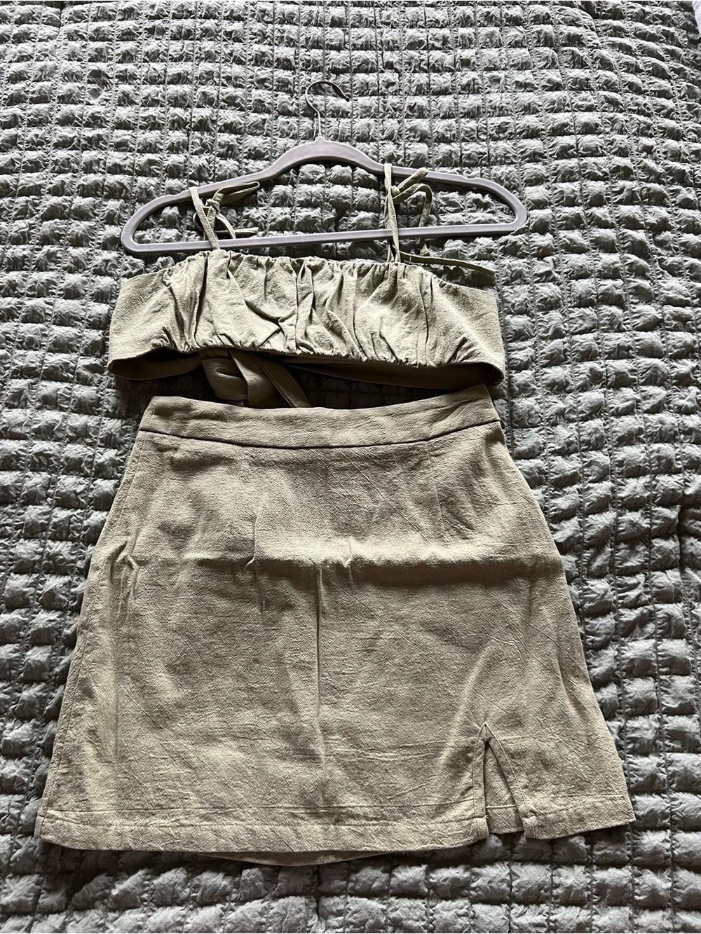 Two-Piece Olive Green Linen-Look Crop Top & Skirt Set
